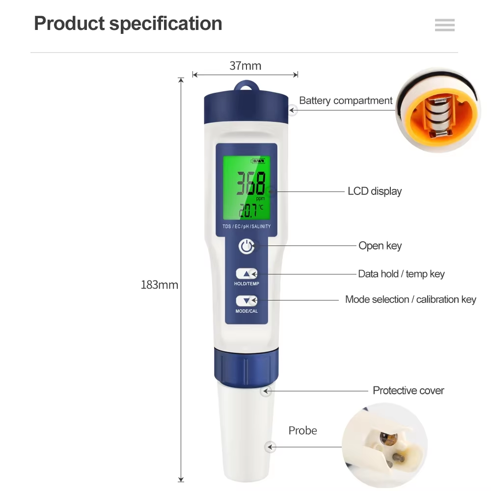 5-in-1 Digital pH Meter TDS EC - مراجعة Ec Meter Digital وسعره